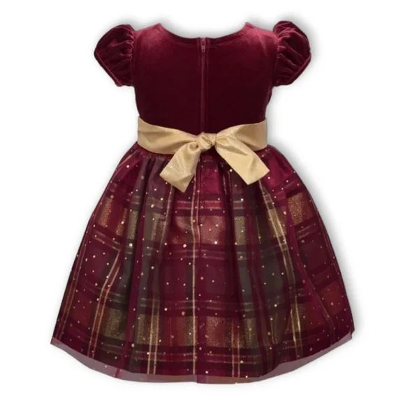 Bonnie Jean Gold, Green, & Red Velvet Plaid & Sparkle Holiday Christmas Dress,2T